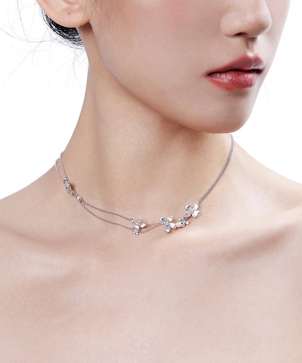 Women Silver Floral Double Layer Chain Copper Choker