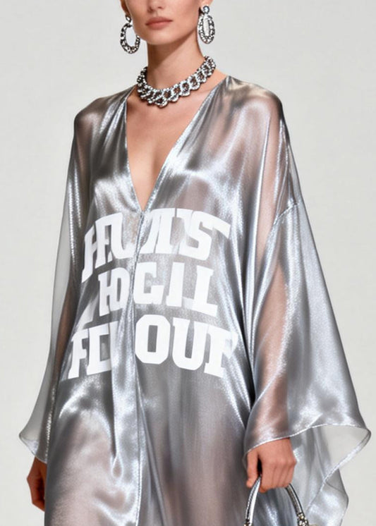 Women Silvery Letter Print Exra Large Hem Chiffon Beach Dresses Summer