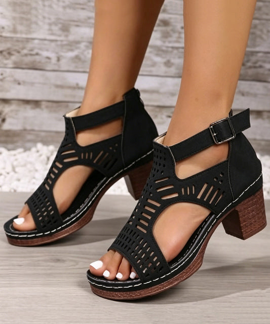 Women Splicing Chunky Sandals Blue Faux Leather Hollow Out