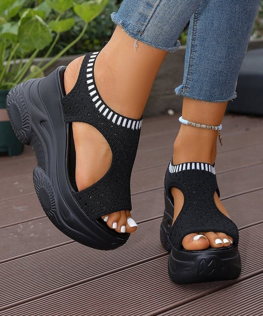 Women Splicing Wedge Sandals White Cotton Fabric Peep Toe