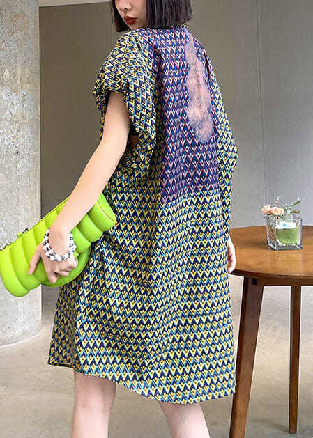 Women Stand Collar Print Cotton Day Dress Puff Sleeve