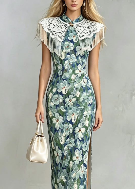 Women Stand Collar Print Side Open Cotton Long Dresses Summer