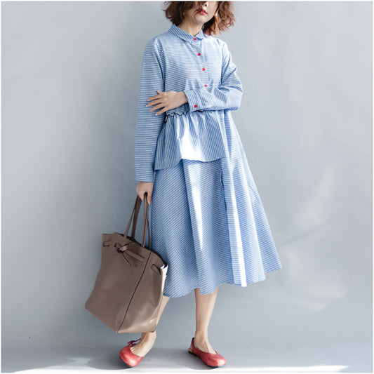 Women Striped Cotton Linen Dresses New 2025 Spring Loose Patchwork Ruffles Turn-down Collar Long Dresses