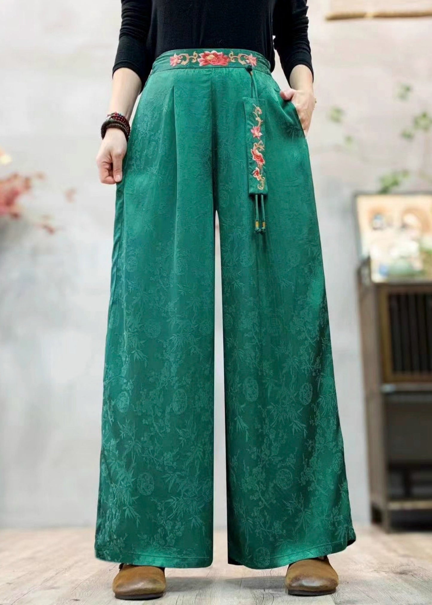 Women Tea Green Embroidered Jacquard Silk Pants Spring