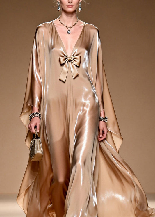 Women V Neck Bow Patchwork Silk Maxi Dresses Spring