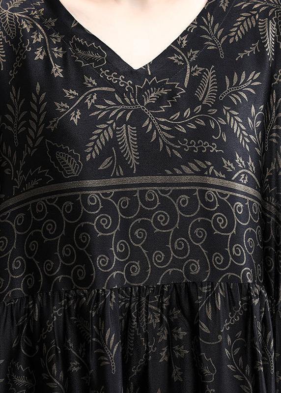 Luxy V Neck Black Print Silk Satin Dresses - SooLinen