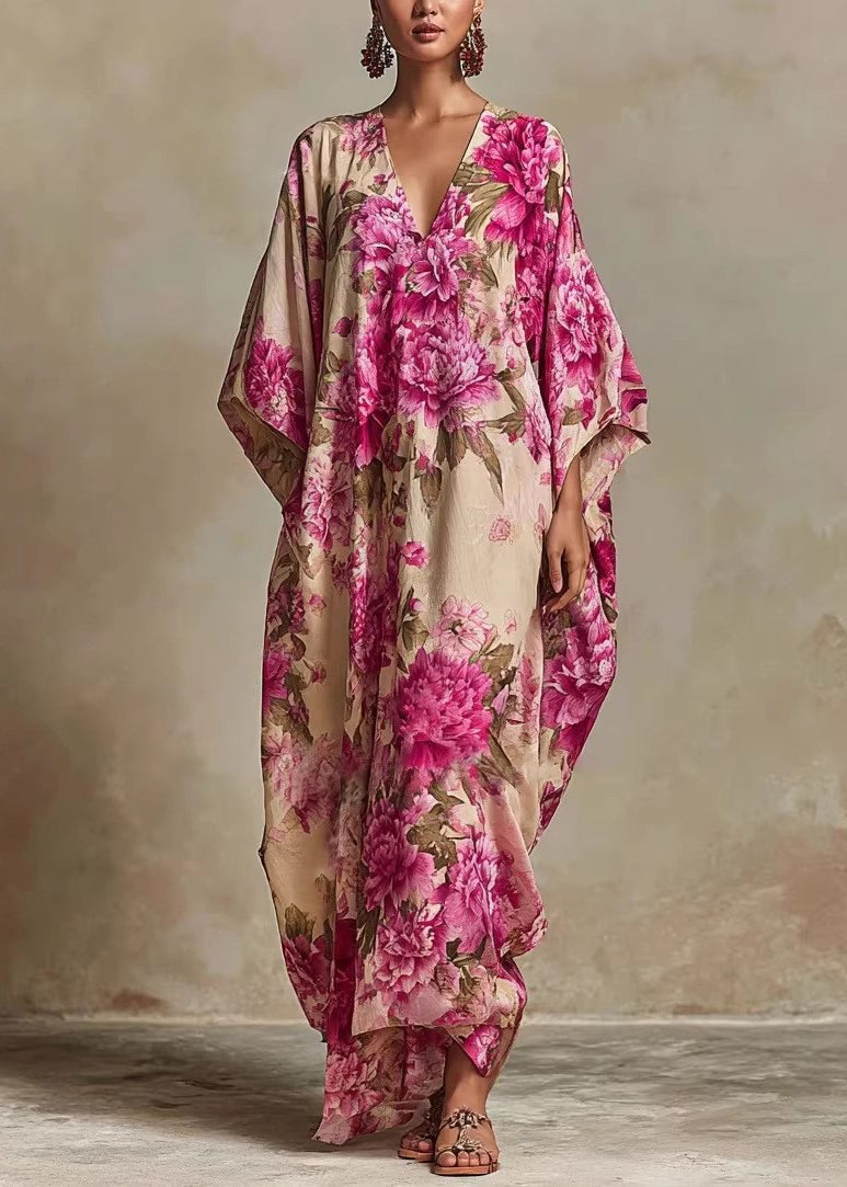 Women V Neck Print Cotton Robe Dresses Summer