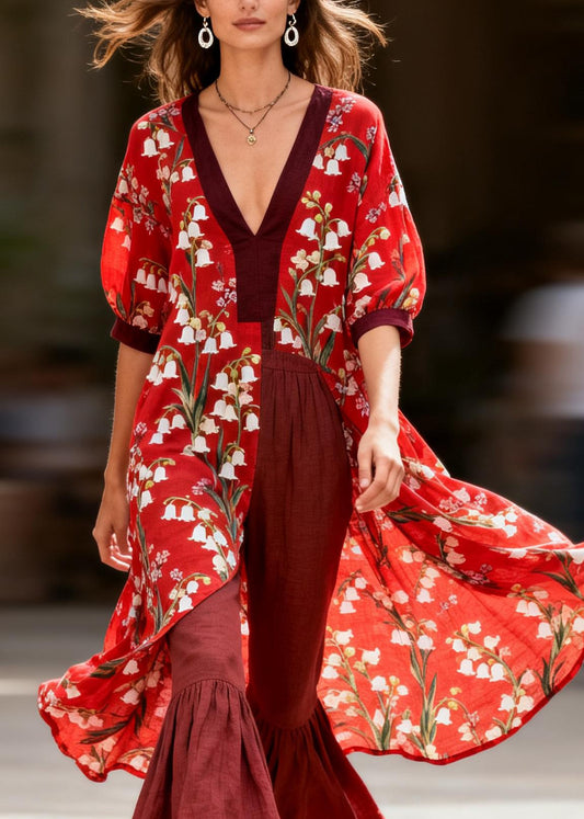 Women V Neck Print Tops And Pants Cotton Two Pieces Set Summer