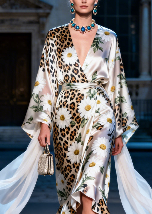Women V Neck Ruffled Print Tie Waist Silk Long Dress Summer