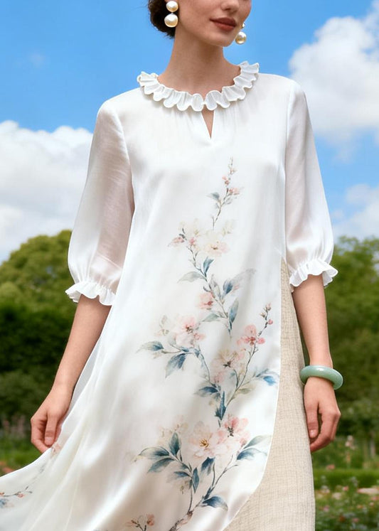 Women White Asymmetrical Patchwork Print Chiffon Ankle Dress Summer