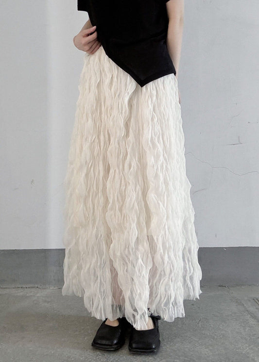 Women White Elastic Waist Wrinkled Tulle Skirts Fall