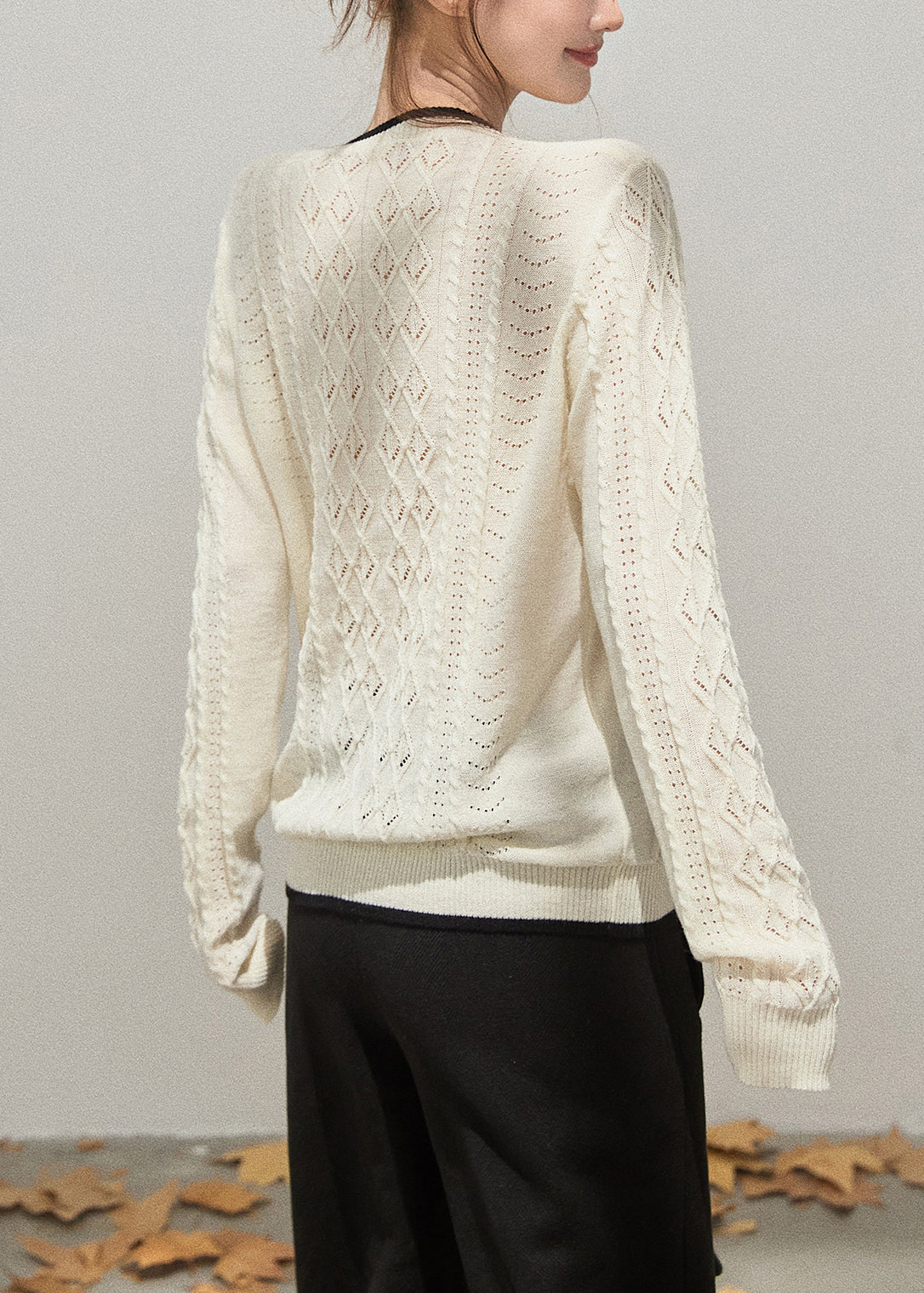 Women White Hollow Out Side Open Knit Tops Fall