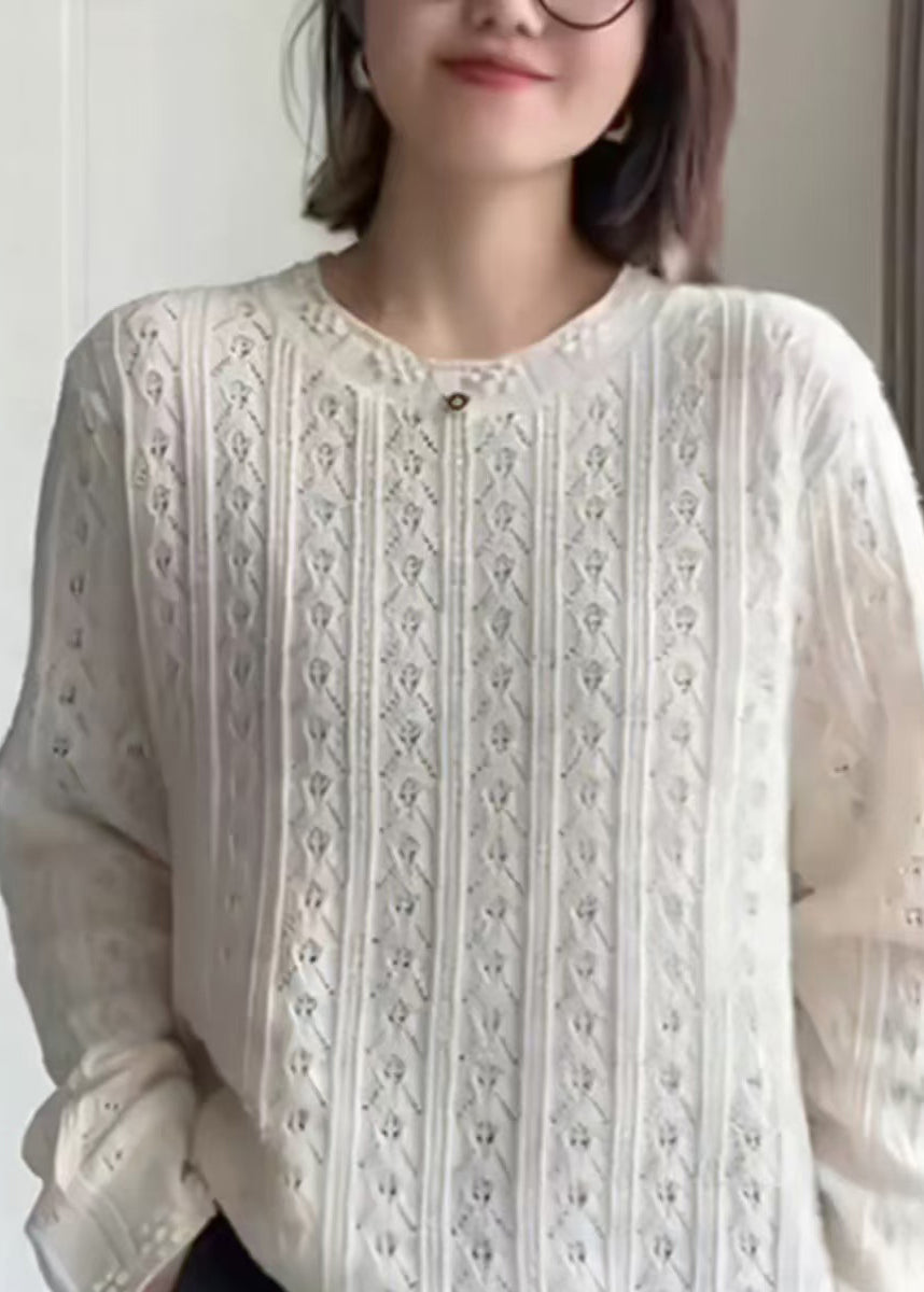Women White O Neck Hollow Out Knit Top Fall