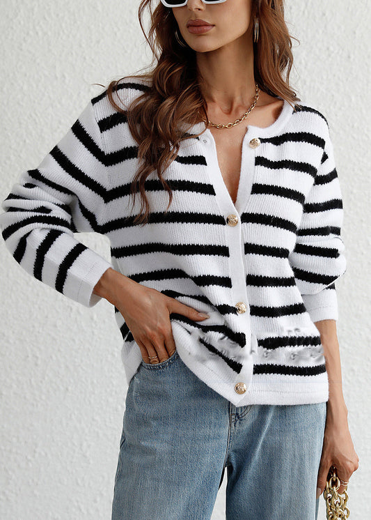 Women White O Neck Striped Knit Loose Cardigans Spring