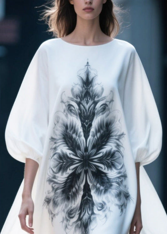 Women White Oversized Print Chiffon Vacation Dresses Puff Sleeve