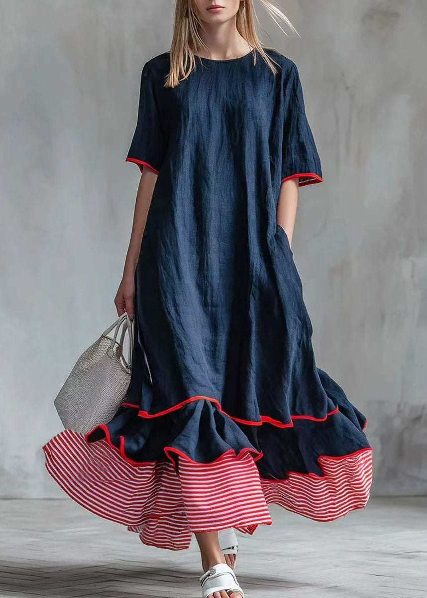 Women White Patchwork Striped Exra Large Hem Cotton Long Dress Summer
