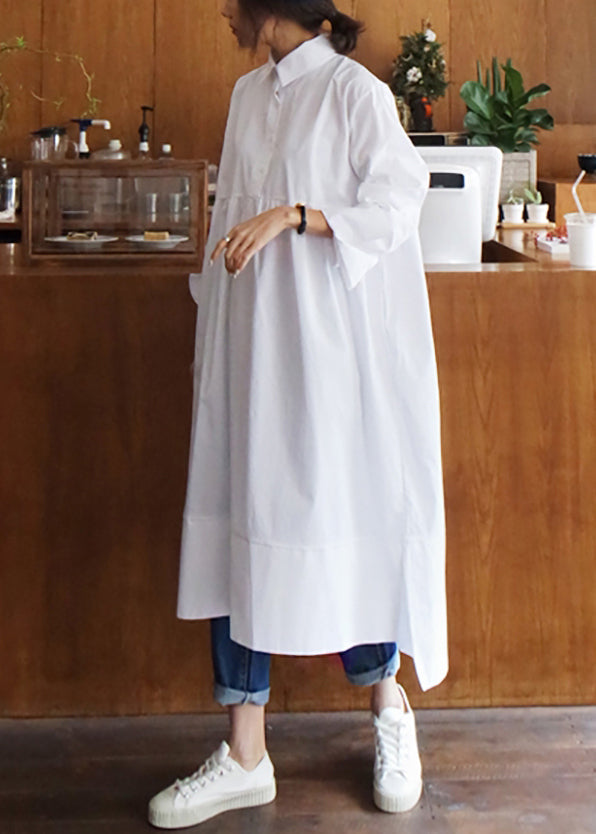 Women White Peter Pan Collar Button Solid Cotton Shirt Dress Fall