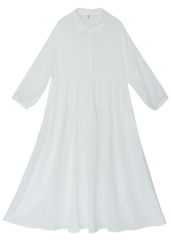 Women White Peter Pan Collar Button Vacation Summer Linen Dress - SooLinen