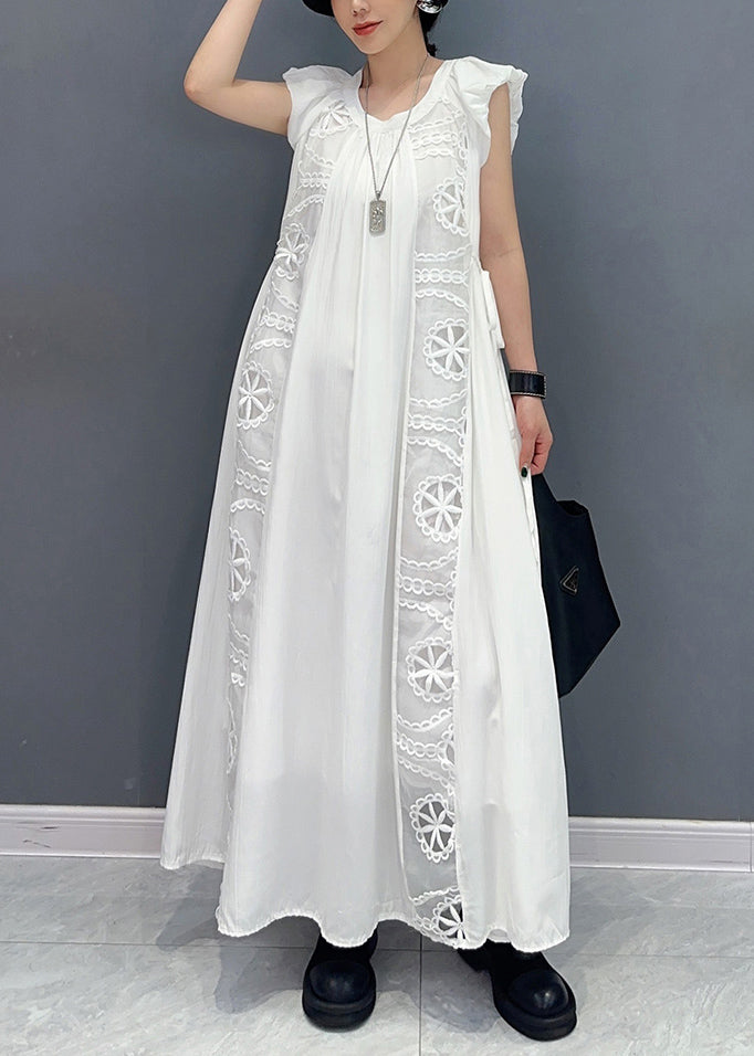 Women White Puff Sleeve Patchwork Lace A Line Dress Sleeveless