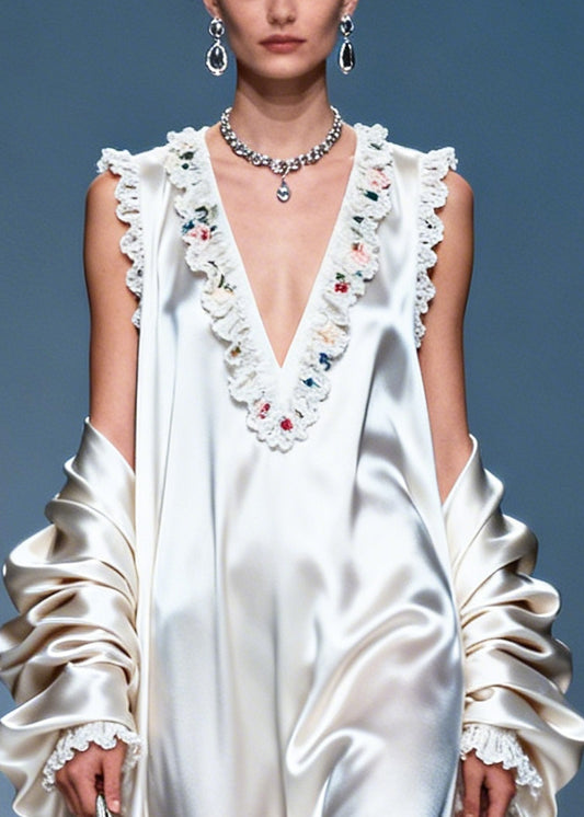 Women White Ruffled Exra Large Hem Silk Party Dress Summer