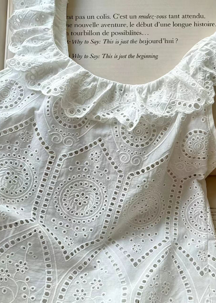 Women White Ruffled Hollow Out Cotton Beach Vest Sleeveless