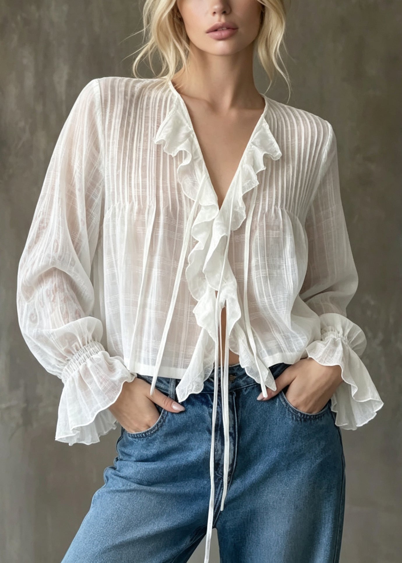 Women White Ruffled Patchwork Cotton Blouse Top Fall