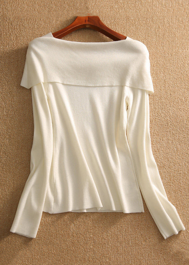 Women White Square Collar Bow Cotton Knit Tops Fall