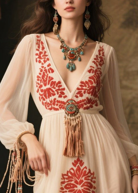 Women White Tasseled Print Chiffon Long Dress Fall