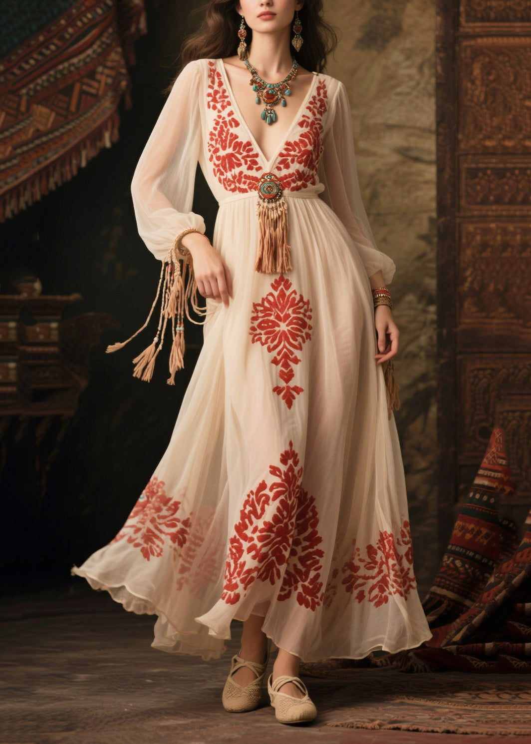 Women White Tasseled Print Chiffon Long Dress Fall
