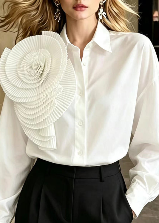 Women White Turn-Down Collar Stereoscopic Large Floral Shirt Top Fall