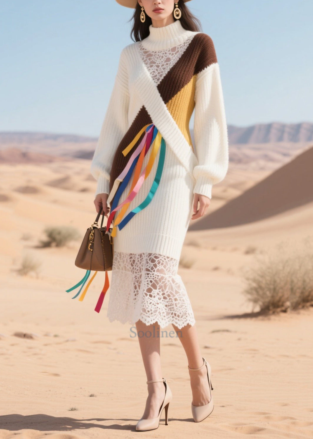 Women White Turtle Neck Patchwork Hollow Out Knitted Dress Winter