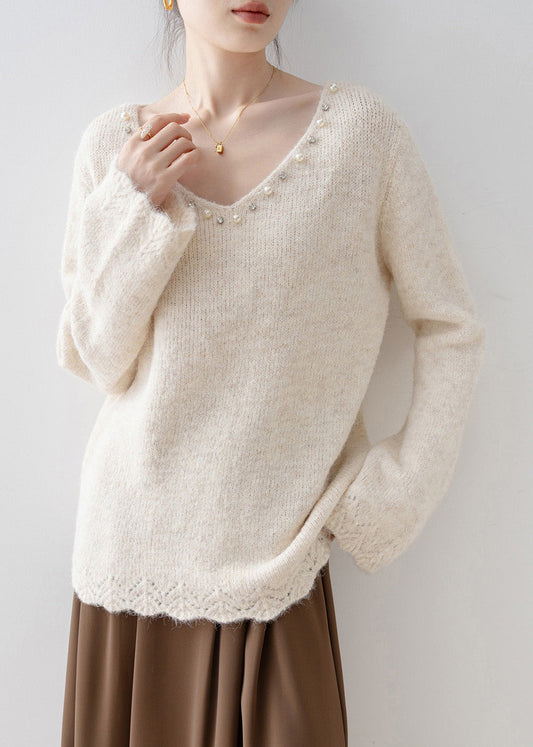 Women White V Neck Nail Bead Knit Pullover Spring