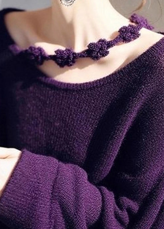 Women Wine Red O-Neck Floral Cozy Knit Sweater Fall