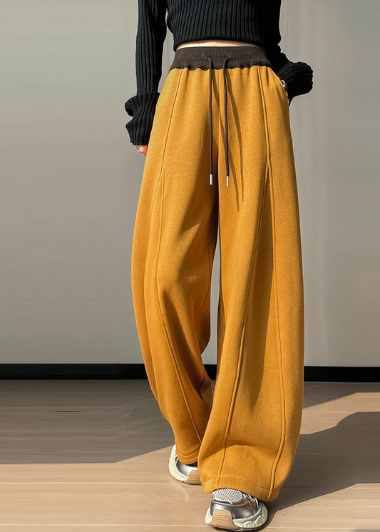 Women Yellow Elastic Waist Patchwork Warm Fleece Pants Winter