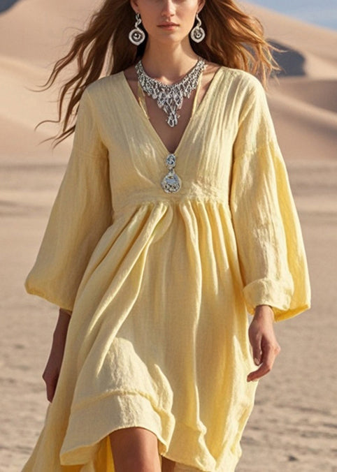 Women Yellow Exra Large Hem Cotton Holiday Dress Spring