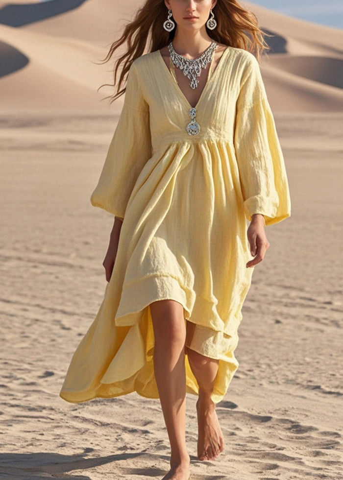 Women Yellow Exra Large Hem Cotton Holiday Dress Spring