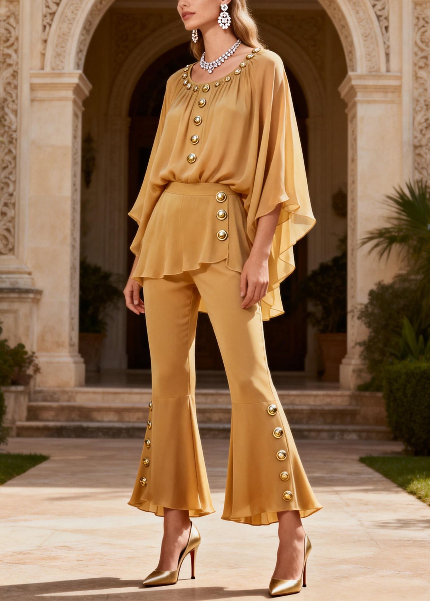 Women Yellow O Neck Button Patchwork Silk Two Pieces Set Summer