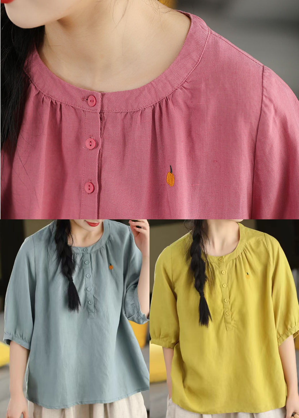 Women Yellow O-Neck Embroidered Cotton Shirt Top Summer