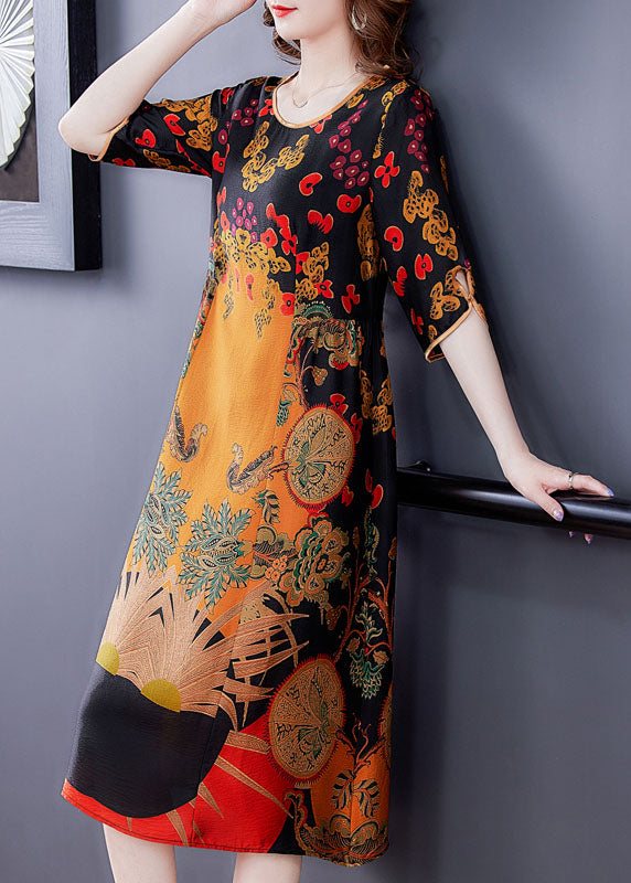 Women Yellow O-Neck Print Silk Women's Dress Half Sleeve