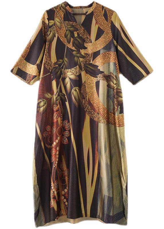 Women Yellow Print Pockets Summer Chiffon Dress - SooLinen