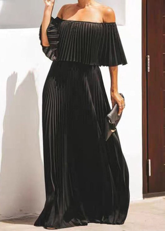 Women Yellow Slash Neck Chiffon Pleated Ankle Dress Butterfly Sleeve