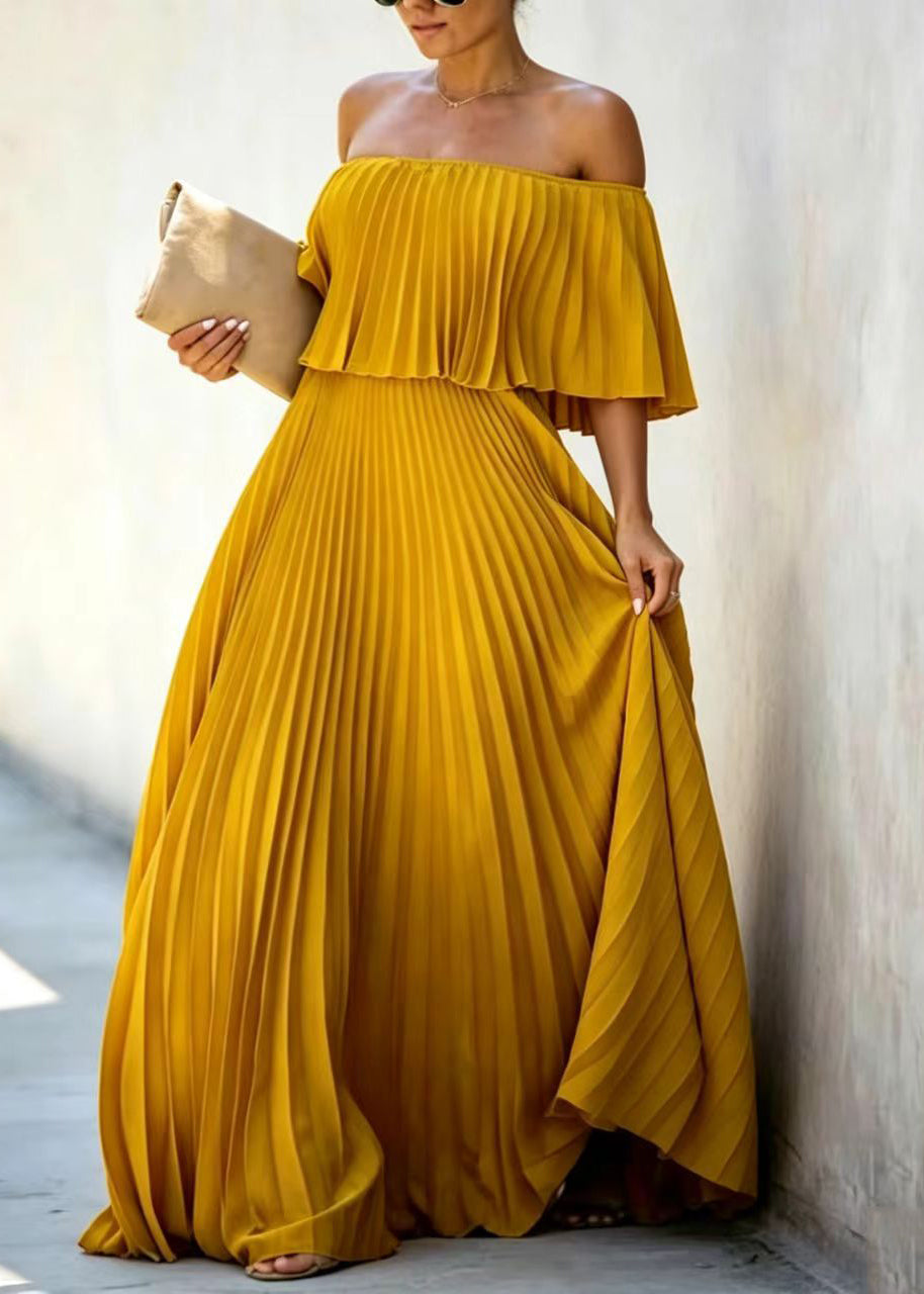 Women Yellow Slash Neck Chiffon Pleated Ankle Dress Butterfly Sleeve