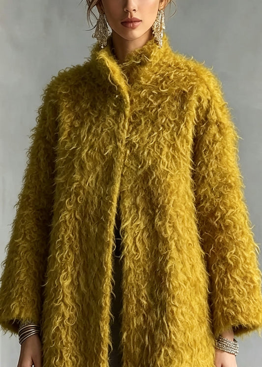 Women Yellow Stand Collar Teddy Faux Fur Coats Fall