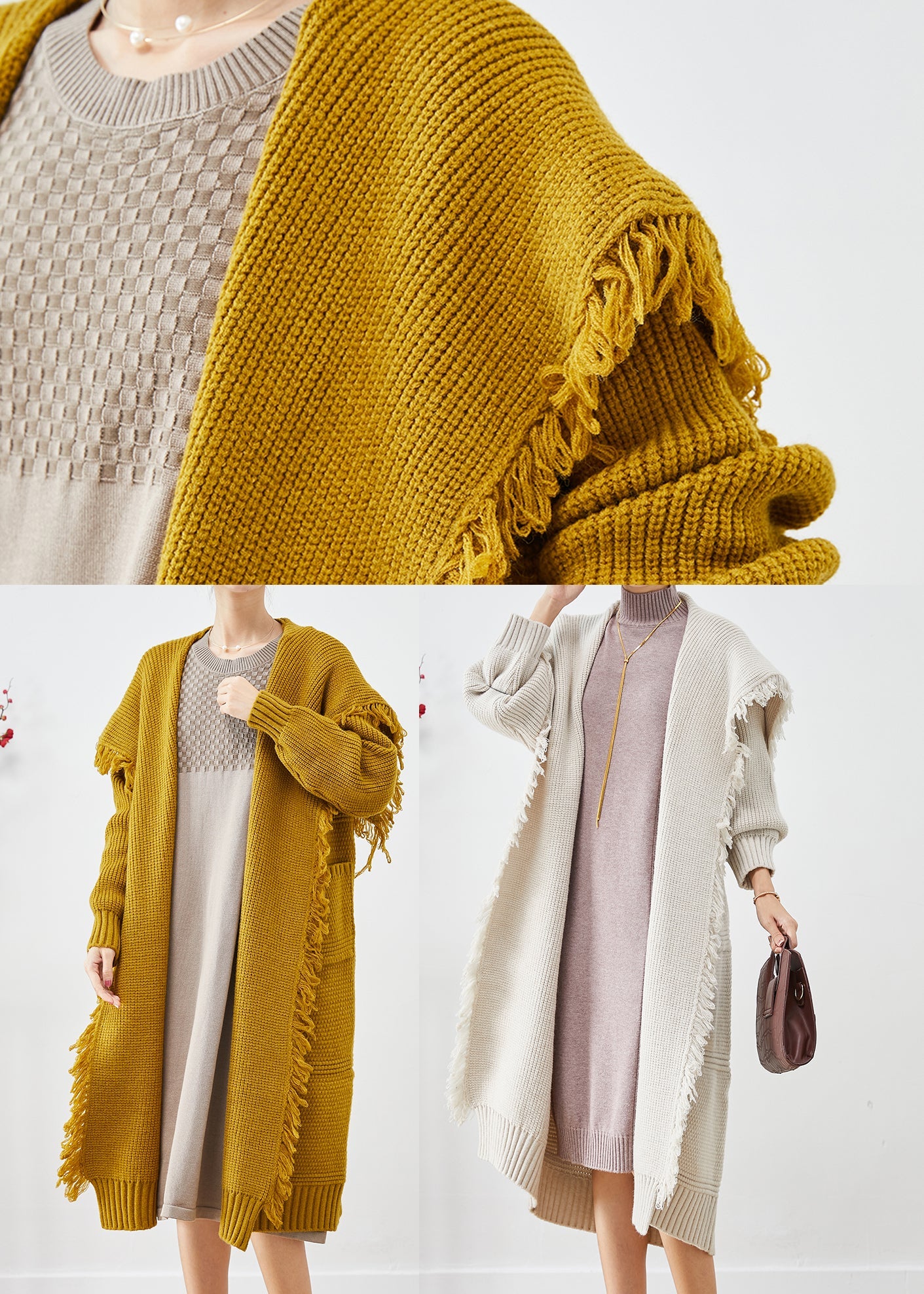 Women Yellow Tasseled Oversized Knit Cardigan Winter
