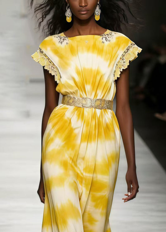 Women Yellow Tie Dye Chiffon Tunic Dresses Sleeveless