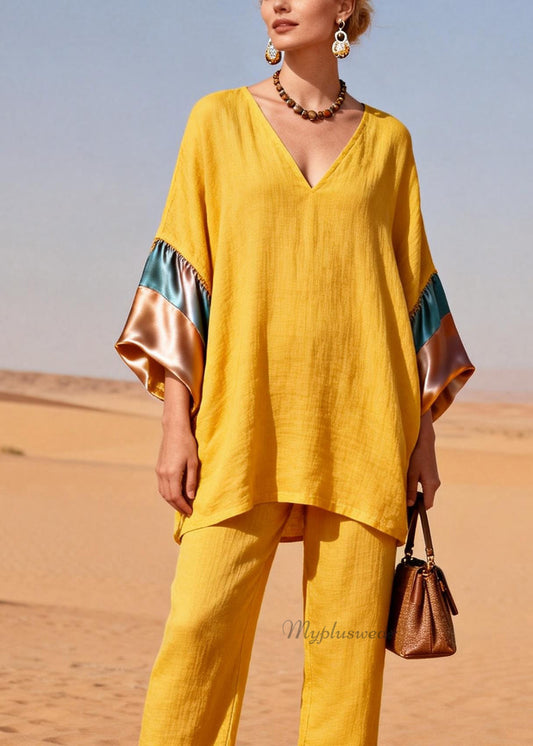 Women Yellow V Neck Silk Patchwork Linen Two Piece Set Summer