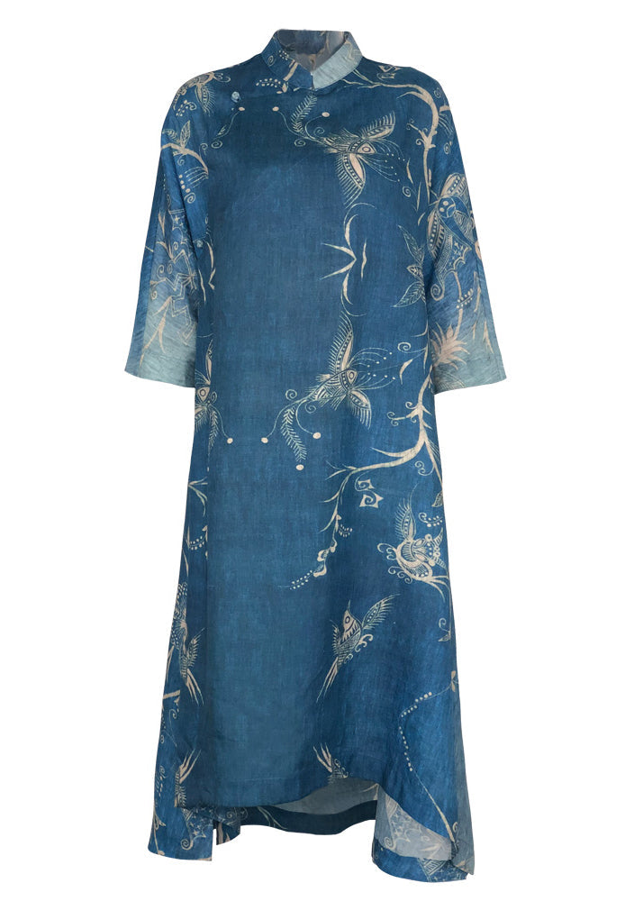 Women asymmetric Half sleeve linen dress Vintage Work Outfits blue print loose Dress Summer