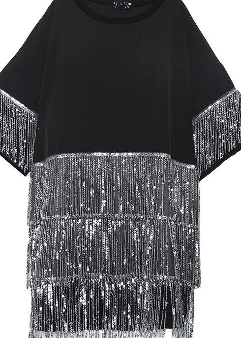 Women black Cotton dress o neck tassel summer Dresses - SooLinen