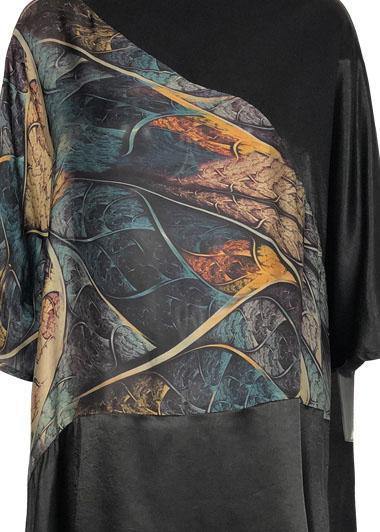 Women black print cotton quilting dresses Slash neck summer Dresses - SooLinen