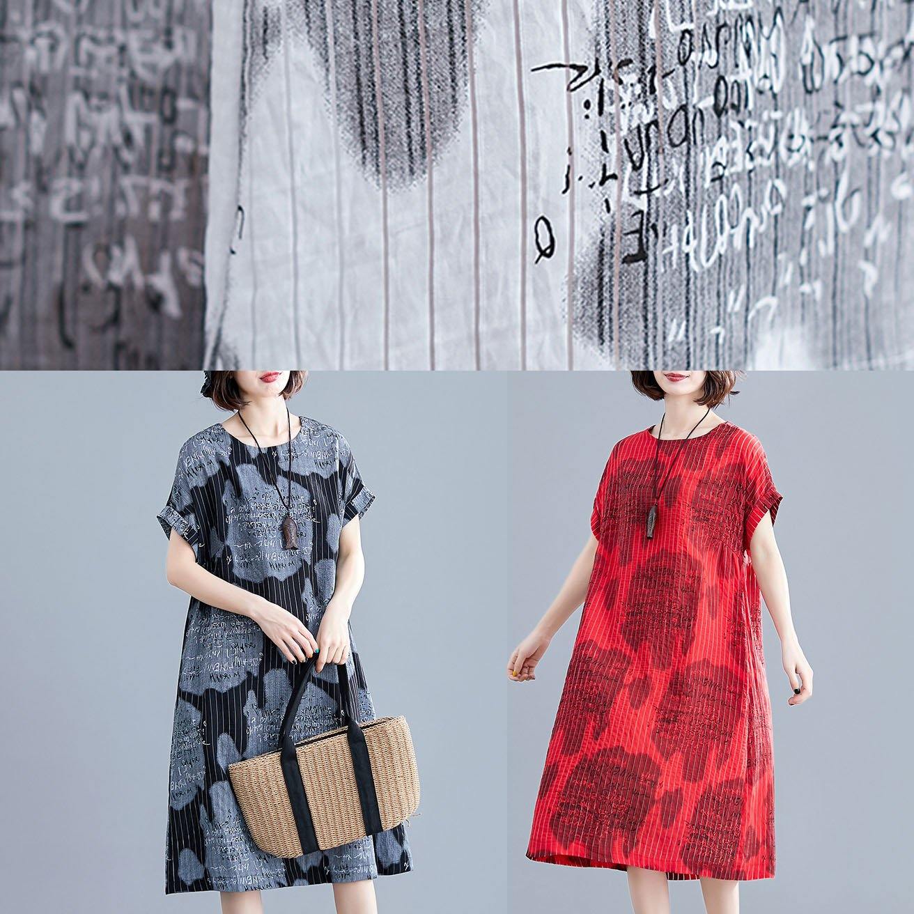 Women black print linen cotton tunics for women striped o neck Midi summer Dress - SooLinen